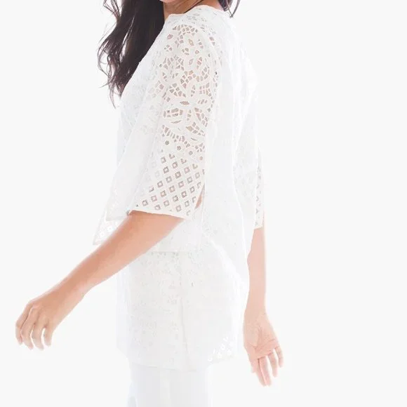 Chicos White Lace Tunic Top Size 2 L Cotton Blend Length 29" Excellent Condition - Picture 3 of 10
